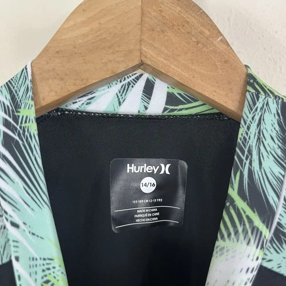 Hurley Girls Rash Guard Swim Set Size 14/16 Large Tropical UPF 50+ Black Green